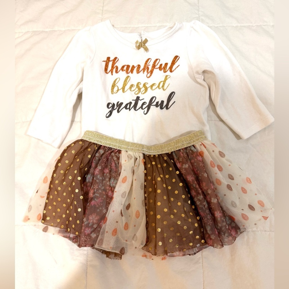 Baby Starters Thankful onesie with skirt with Gold and Brown Accents